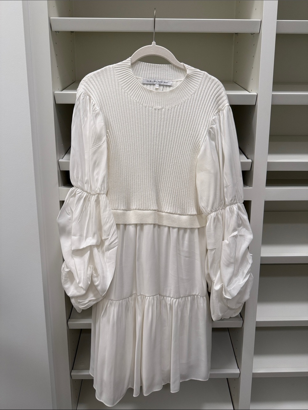 English Factory Cream Layered Knit Puff-Sleeve Sweater Dress